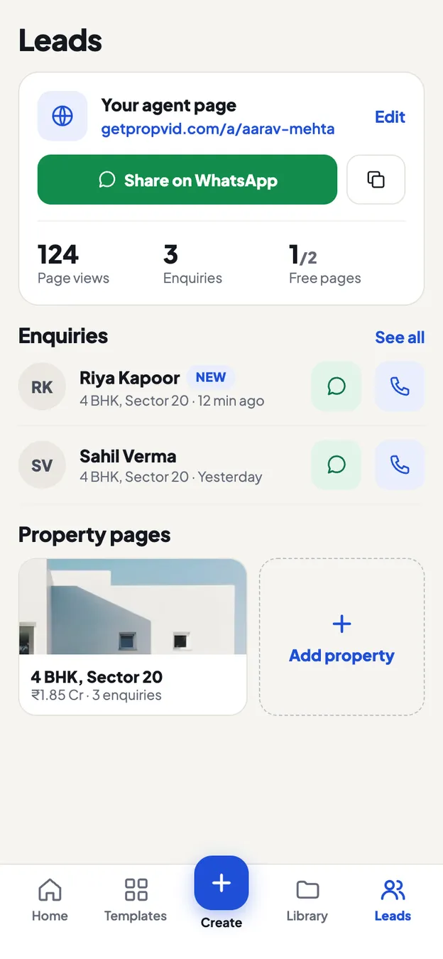 The PropVid leads screen: agent page link, enquiries and property pages