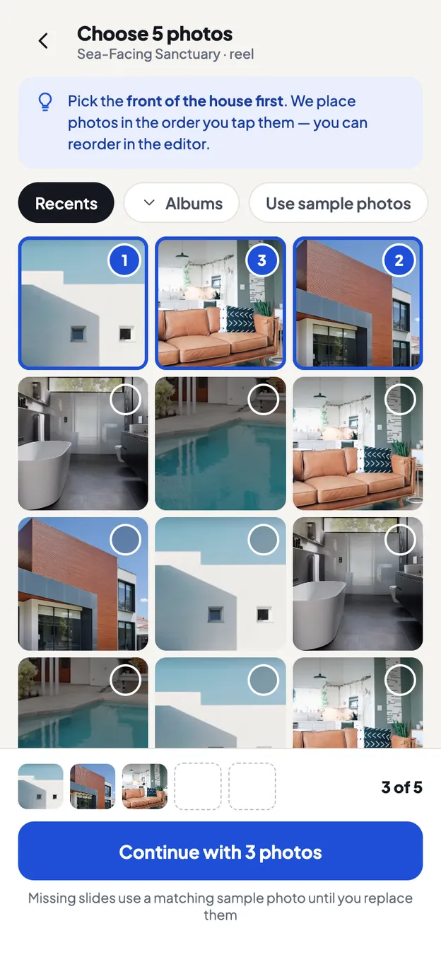 Choosing listing photos for a reel in the PropVid app